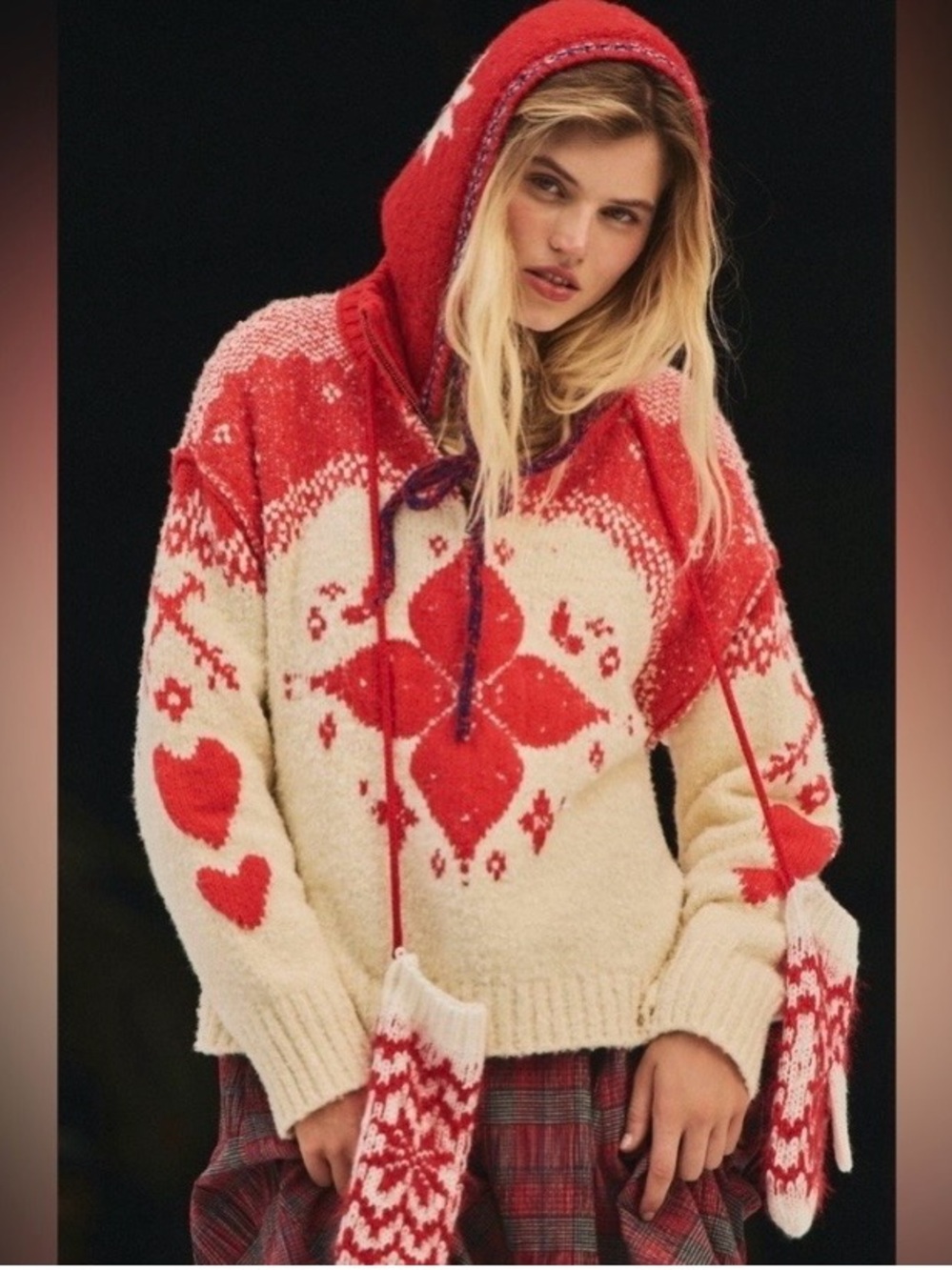 New Free People Mystic Knit Quarter Zip Festive Pullover Sweater- Red